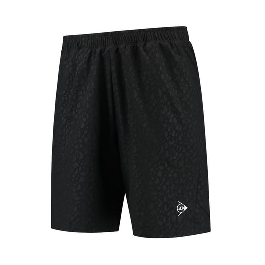 The Dunlop Performance Game Men's Tennis Shorts in black feature a subtle leopard pattern and an elastic waistband. Designed with moisture-wicking materials, these shorts proudly display the Dunlop logo in white on the right leg.