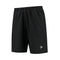 The Dunlop Performance Game Men's Tennis Shorts in black feature a subtle leopard pattern and an elastic waistband. Designed with moisture-wicking materials, these shorts proudly display the Dunlop logo in white on the right leg.