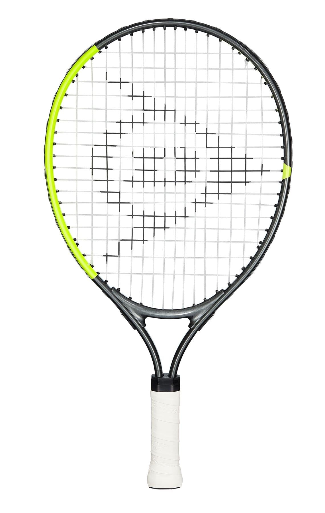 The Dunlop SX Junior 19 Tennis Racket in grey and yellow boasts a stylish frame with vibrant yellow accents on the upper left edge, complemented by white strings featuring a logo design at the center. Perfect for young players, it offers maximum spin capabilities, while its handle is wrapped in white grip tape.