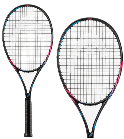 Two HEAD MX Spark Pro Tennis Rackets in black, featuring pink and blue accents, are displayed. The METALLIX™ design enhances durability, complemented by a crisscross string pattern and textured grips that make them perfect for beginners. One racket is shown at an angle, while the other provides a close-up view of the head and strings.