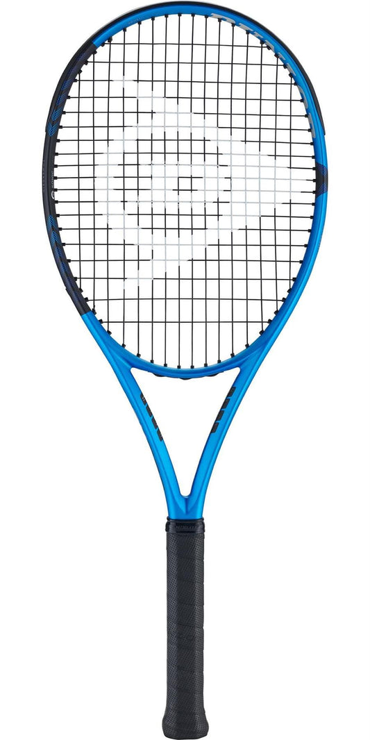 Presenting the Dunlop FX 500 2023 Tennis Racket, a blue and black masterpiece. This frame-only model is designed for peak performance, featuring a circular head that offers a Power Boost on every swing, all highlighted against a simple white backdrop.