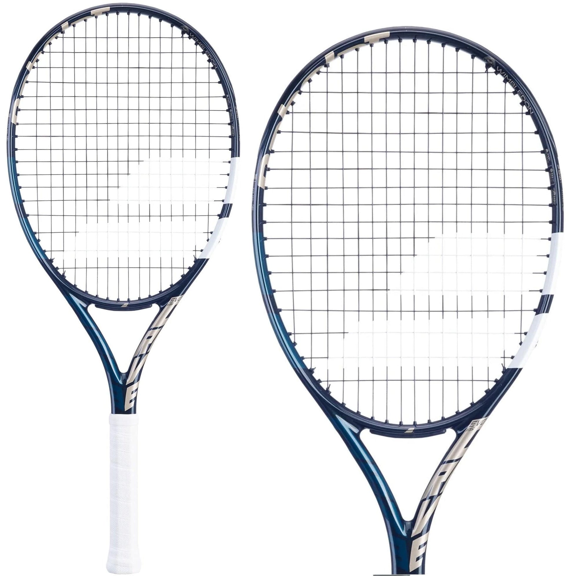 Two Babolat EVO Drive 115 tennis rackets - Wimbledon edition, ideal for intermediate players, are displayed against a plain white background. Featuring blue frames and white grips, these lightweight rackets highlight a classic string pattern and design.