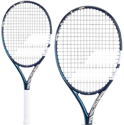 Two Babolat EVO Drive 115 tennis rackets - Wimbledon edition, ideal for intermediate players, are displayed against a plain white background. Featuring blue frames and white grips, these lightweight rackets highlight a classic string pattern and design.