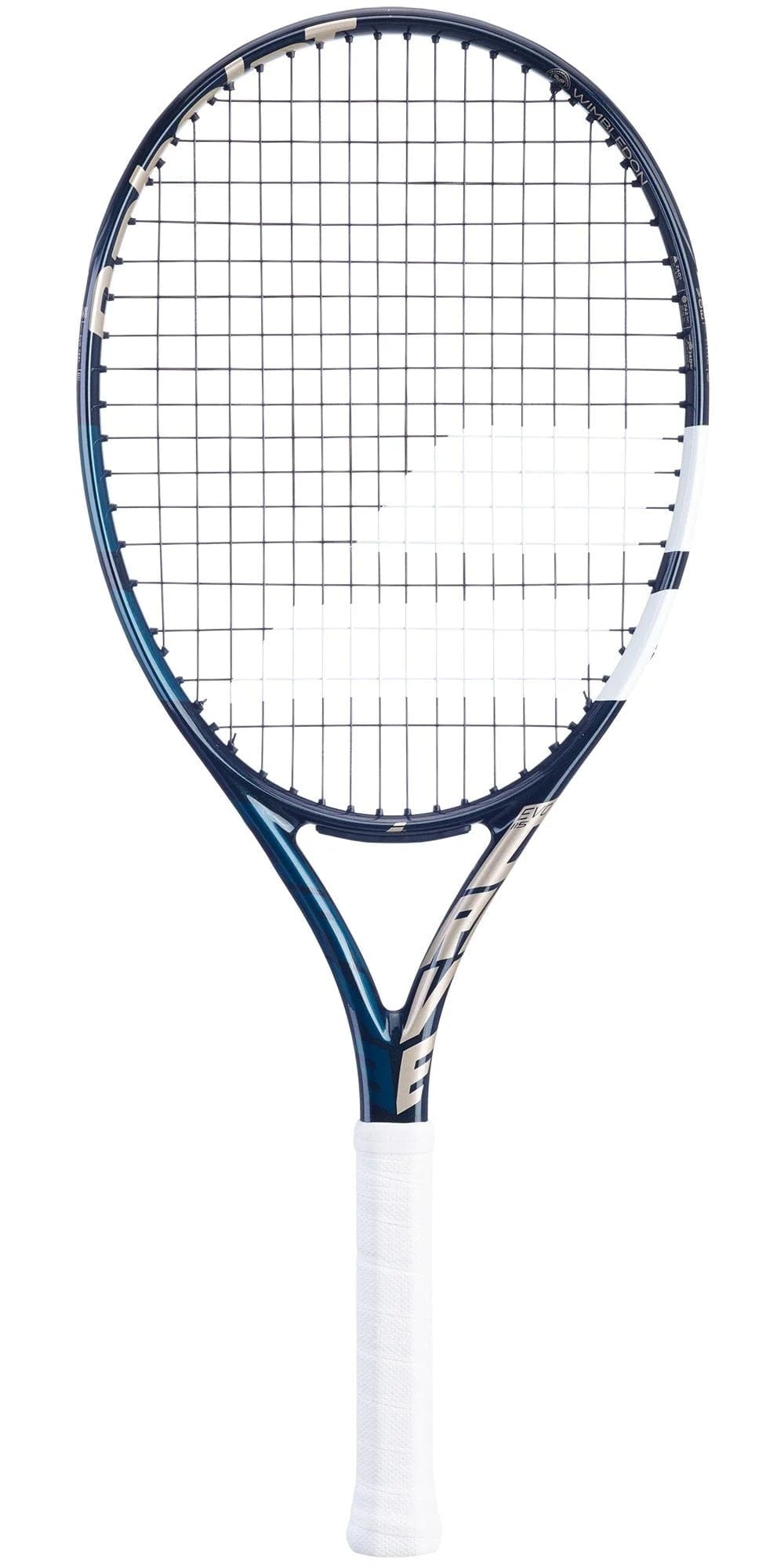The Babolat EVO Drive 115 Tennis Racket - Wimbledon (Strung) by Babolat is ideal for intermediate players, showcasing a striking blue and white frame paired with white strings. Its handle, wrapped in white grip tape, ensures a comfortable playing experience. This lightweight racket is displayed vertically against a pristine white background.