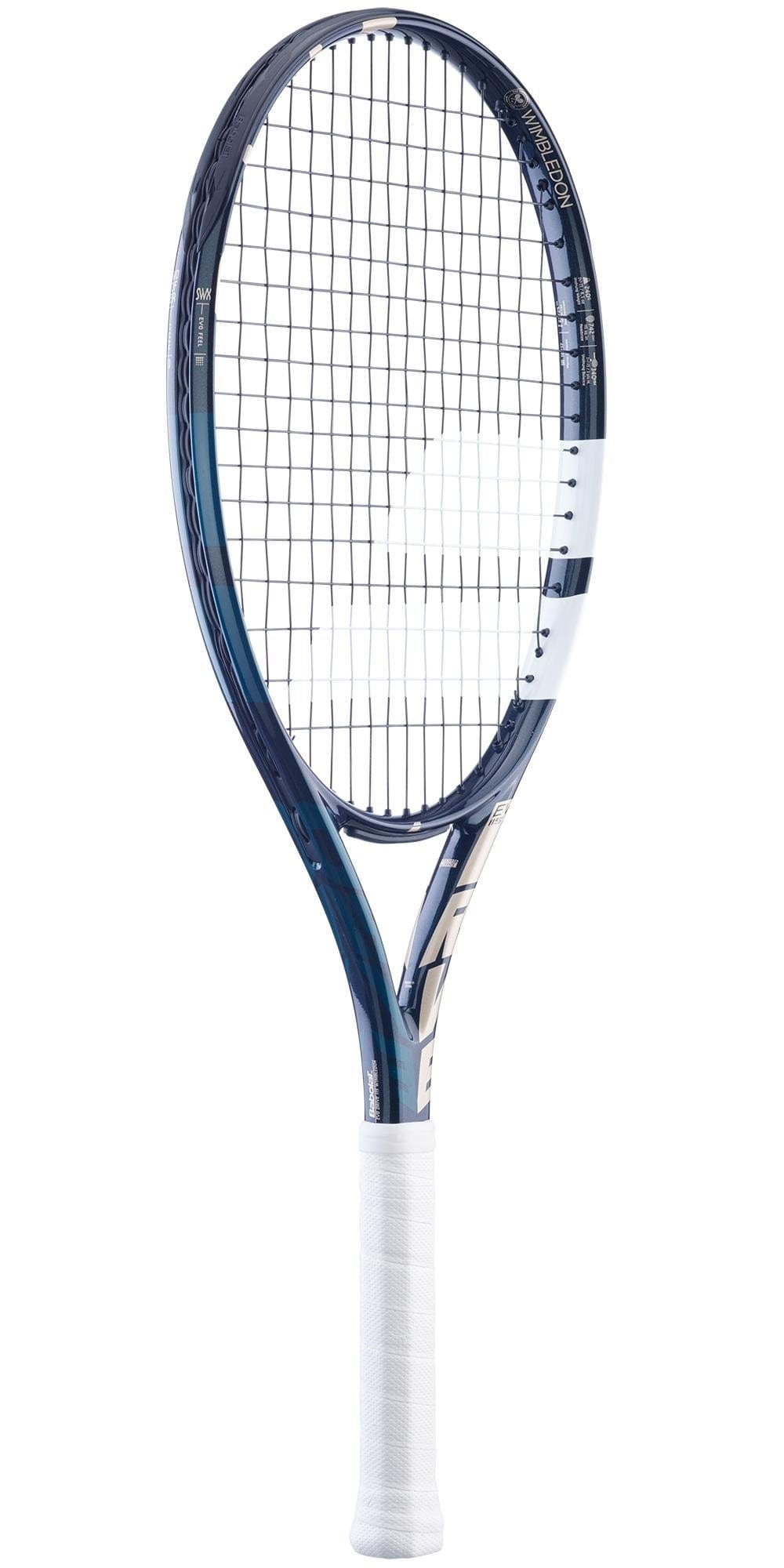 The Babolat EVO Drive 115 Tennis Racket - Wimbledon (Strung) is an ideal, lightweight option for intermediate players. With its eye-catching blue and white color scheme and a white grip, it showcases evenly strung strings with the iconic Babolat logo displayed prominently on the side against a simple background.
