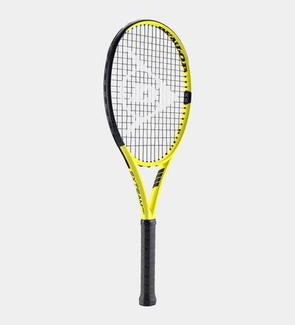 The Dunlop SX Team 280g Tennis Racket features a stylish yellow and black design, incorporating AEROSKIN technology to enhance performance. The brand's white logo is prominently displayed on the strings, while the frame's matte and glossy finishes elegantly contrast with its black-wrapped grip set against a simple white background.