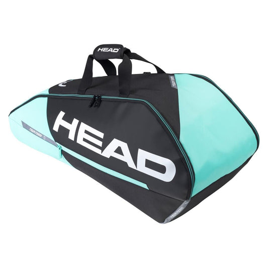 The HEAD Tour Team 6R Combi 6 Racket Tennis Bag in black and mint showcases a sleek, modern design with the brand name "HEAD" elegantly printed in white. It includes zippered racket compartments and dual black handles, enhanced with climate control technology to make it an ideal choice for carrying sports equipment.