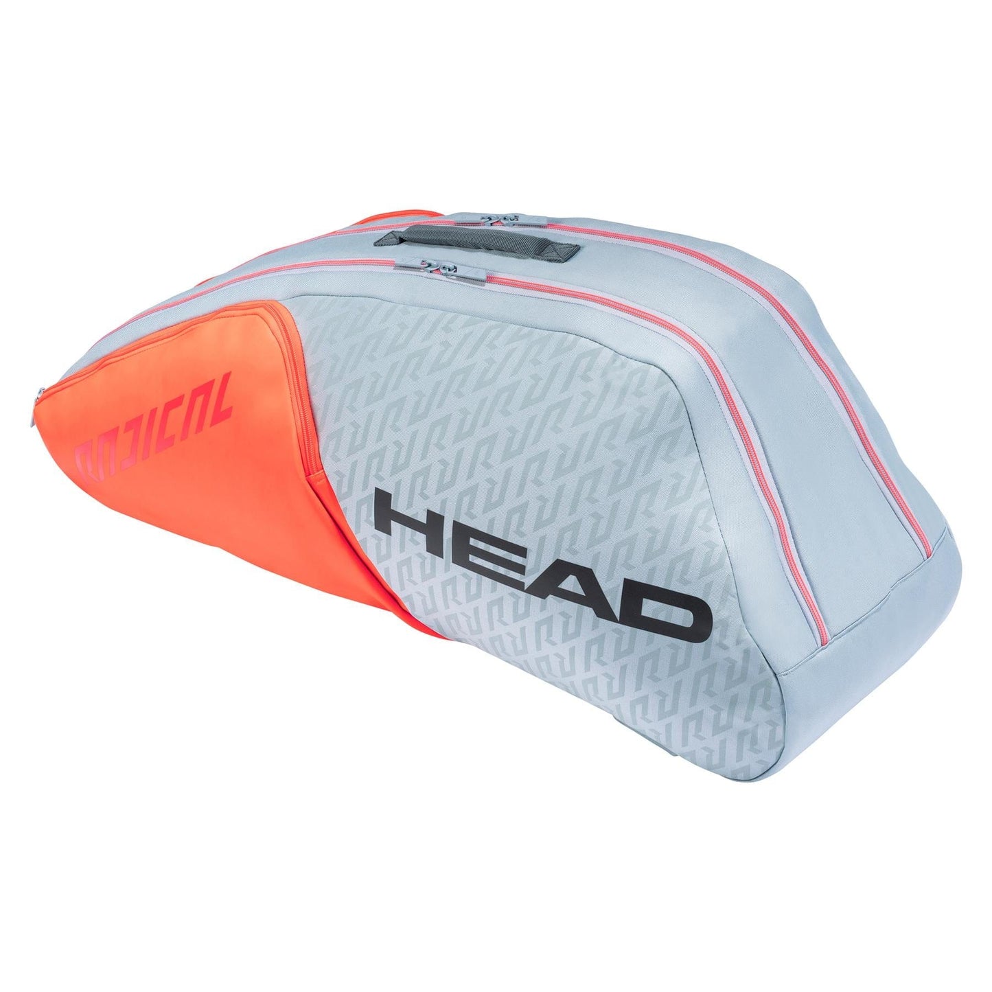 Introducing the HEAD Radical 6R Combi 6 Racket Tennis Bag in a chic grey and orange color scheme. This bag prominently features the "HEAD" logo in bold black letters, offers multiple zippered compartments for storage, and boasts a sleek, aerodynamic design.