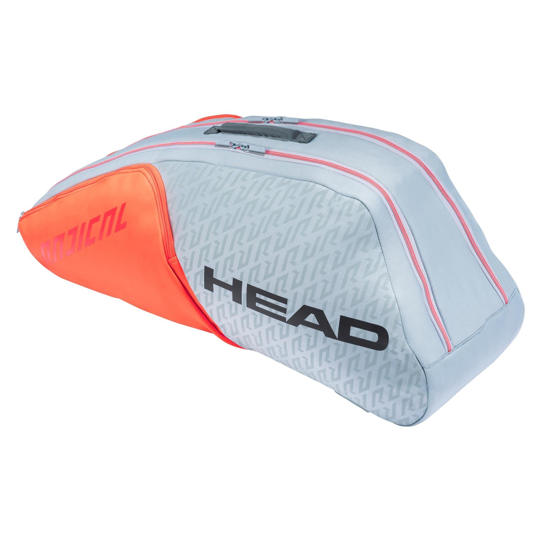 Introducing the HEAD Radical 6R Combi 6 Racket Tennis Bag in a chic grey and orange color scheme. This bag prominently features the "HEAD" logo in bold black letters, offers multiple zippered compartments for storage, and boasts a sleek, aerodynamic design.