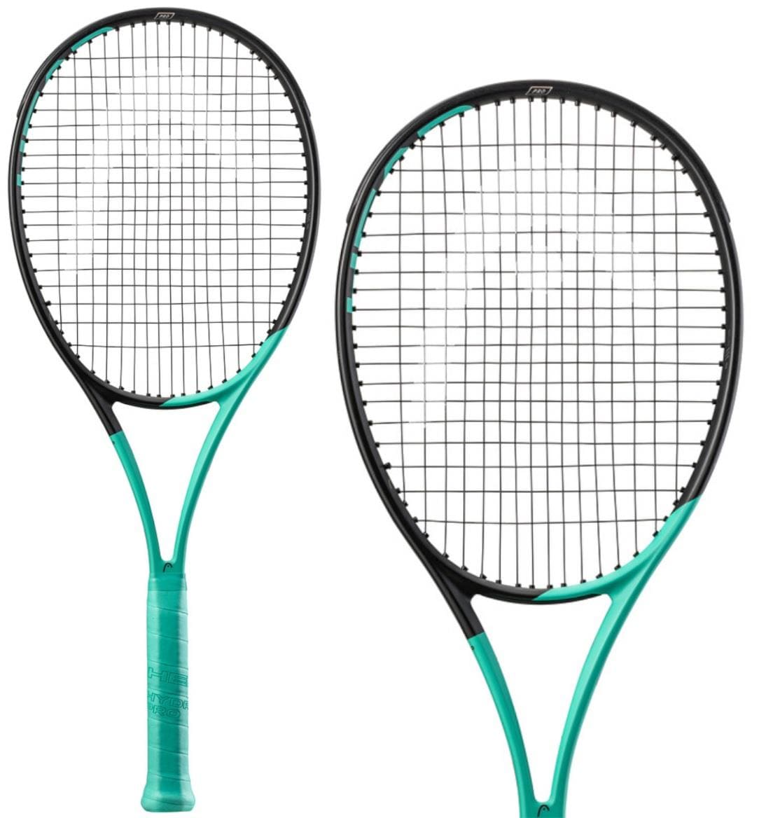 Pairing two HEAD Boom Pro 2022 Tennis Rackets in black and mint, this set is perfect for advanced tournament players. Featuring a unique design with a grid of strings and mint grip handles, these rackets incorporate Graphene Inside technology. They are elegantly showcased against a white background.