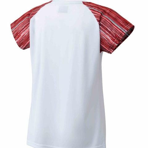 The Yonex 16574 Women's T-Shirt in white is made from quick-dry fabric and features striking red and white patterned sleeves. The back view highlights its contrasting design, ideal for high-performance activities with sweat-absorbing properties.