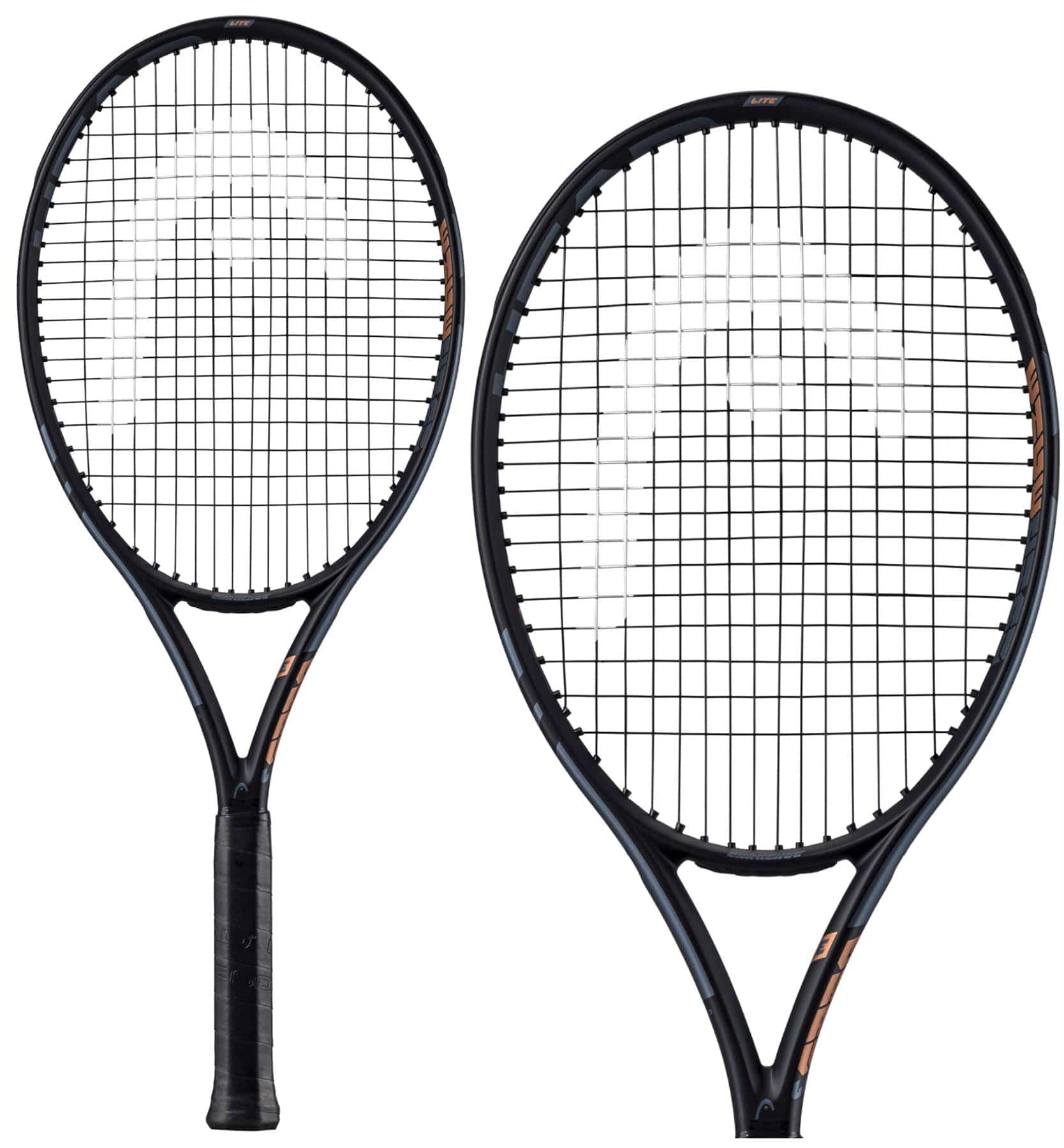 Displayed are two HEAD IG Challenge Lite Tennis Rackets in a sleek black color with a graphite construction for enhanced durability. They boast a stylish design and textured grips, making them perfect for beginner players, with tightly strung strings signaling their fresh, game-ready condition, all set against a simple white background.