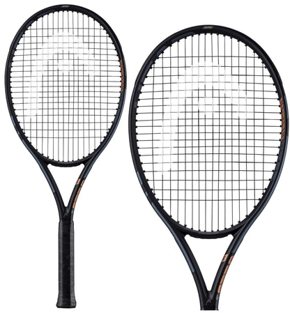 Displayed are two HEAD IG Challenge Lite Tennis Rackets in a sleek black color with a graphite construction for enhanced durability. They boast a stylish design and textured grips, making them perfect for beginner players, with tightly strung strings signaling their fresh, game-ready condition, all set against a simple white background.