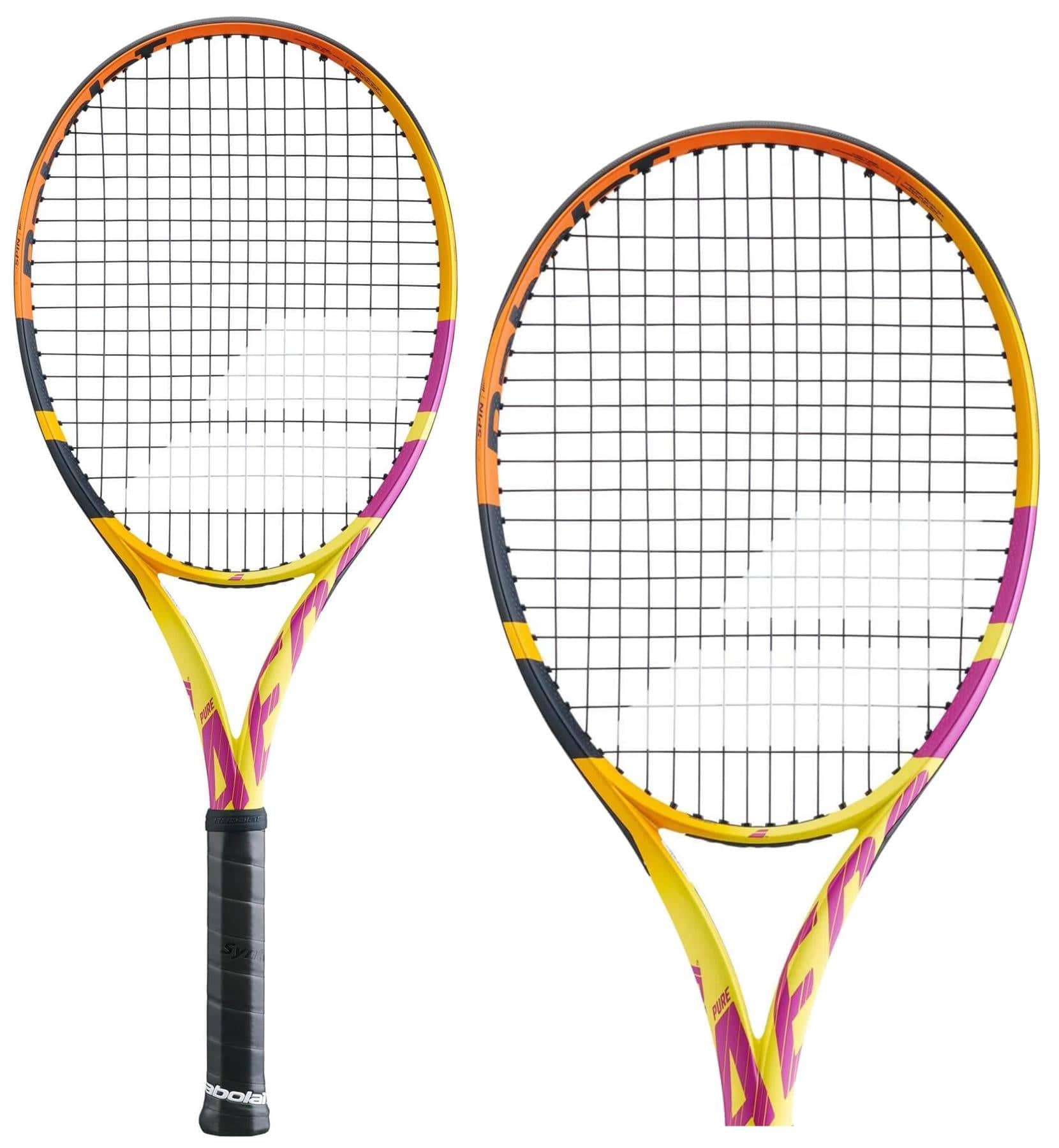 Two Babolat Pure Aero RAFA Team tennis rackets featuring a vibrant multicolored design with yellow, orange, and purple hues. The frame-only rackets are equipped with black grips and strings, positioned side by side to highlight their potential for spin generation from both front and side views.