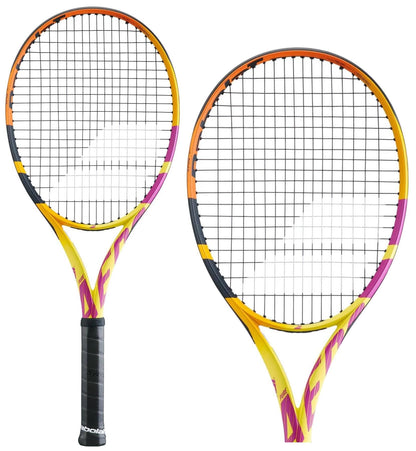 Two Babolat Pure Aero RAFA Team tennis rackets featuring a vibrant multicolored design with yellow, orange, and purple hues. The frame-only rackets are equipped with black grips and strings, positioned side by side to highlight their potential for spin generation from both front and side views.