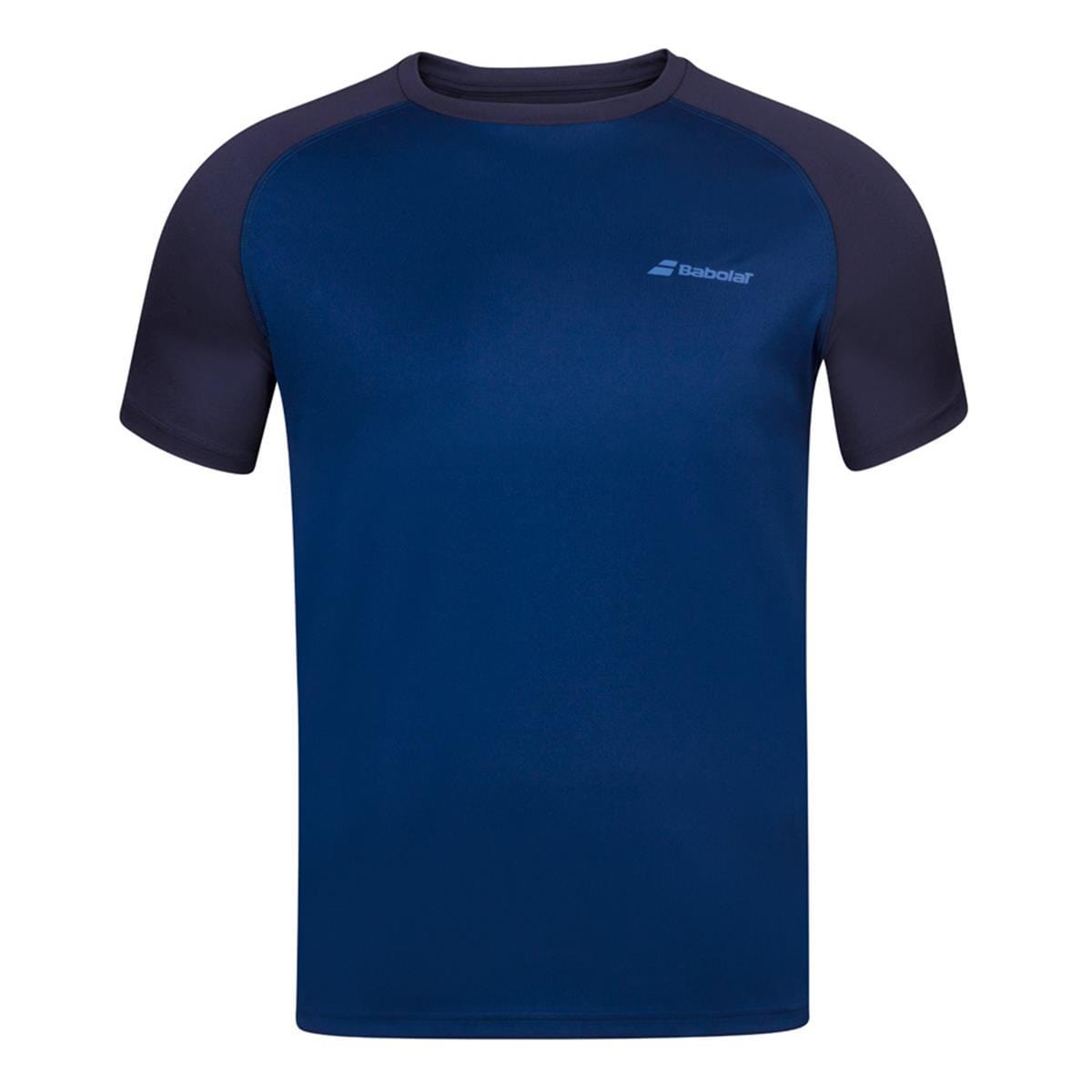 The Babolat Mens Play Crew Neck Tennis T-Shirt - Estate Blue is a stylish short-sleeved athletic tee crafted by Babolat, featuring Fibredry technology and a round neckline. It includes a small logo on the front, near the left shoulder, making it ideal for both performance and style on the court.