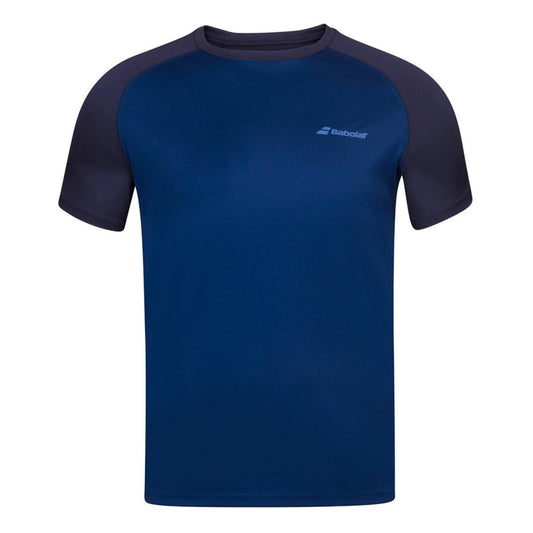 The Babolat Mens Play Crew Neck Tennis T-Shirt - Estate Blue is a stylish short-sleeved athletic tee crafted by Babolat, featuring Fibredry technology and a round neckline. It includes a small logo on the front, near the left shoulder, making it ideal for both performance and style on the court.