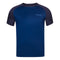 The Babolat Mens Play Crew Neck Tennis T-Shirt - Estate Blue is a stylish short-sleeved athletic tee crafted by Babolat, featuring Fibredry technology and a round neckline. It includes a small logo on the front, near the left shoulder, making it ideal for both performance and style on the court.