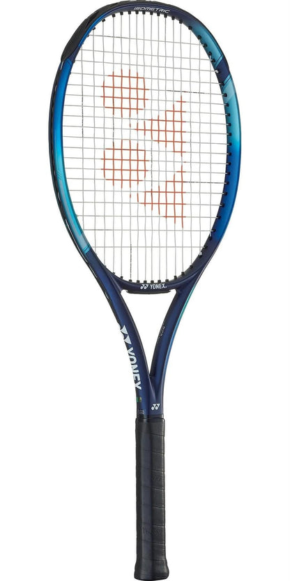 The Yonex EZONE Ace Tennis Racket - Sky Blue showcases a distinctive blue and black design with a white string pattern, accented by an orange detail in the center. Its Oval Pressed Shaft technology boosts power and comfort, while the prominent "Yonex" logo is emblazoned on the throat of the racket.