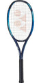 The Yonex EZONE Ace Tennis Racket - Sky Blue showcases a distinctive blue and black design with a white string pattern, accented by an orange detail in the center. Its Oval Pressed Shaft technology boosts power and comfort, while the prominent "Yonex" logo is emblazoned on the throat of the racket.