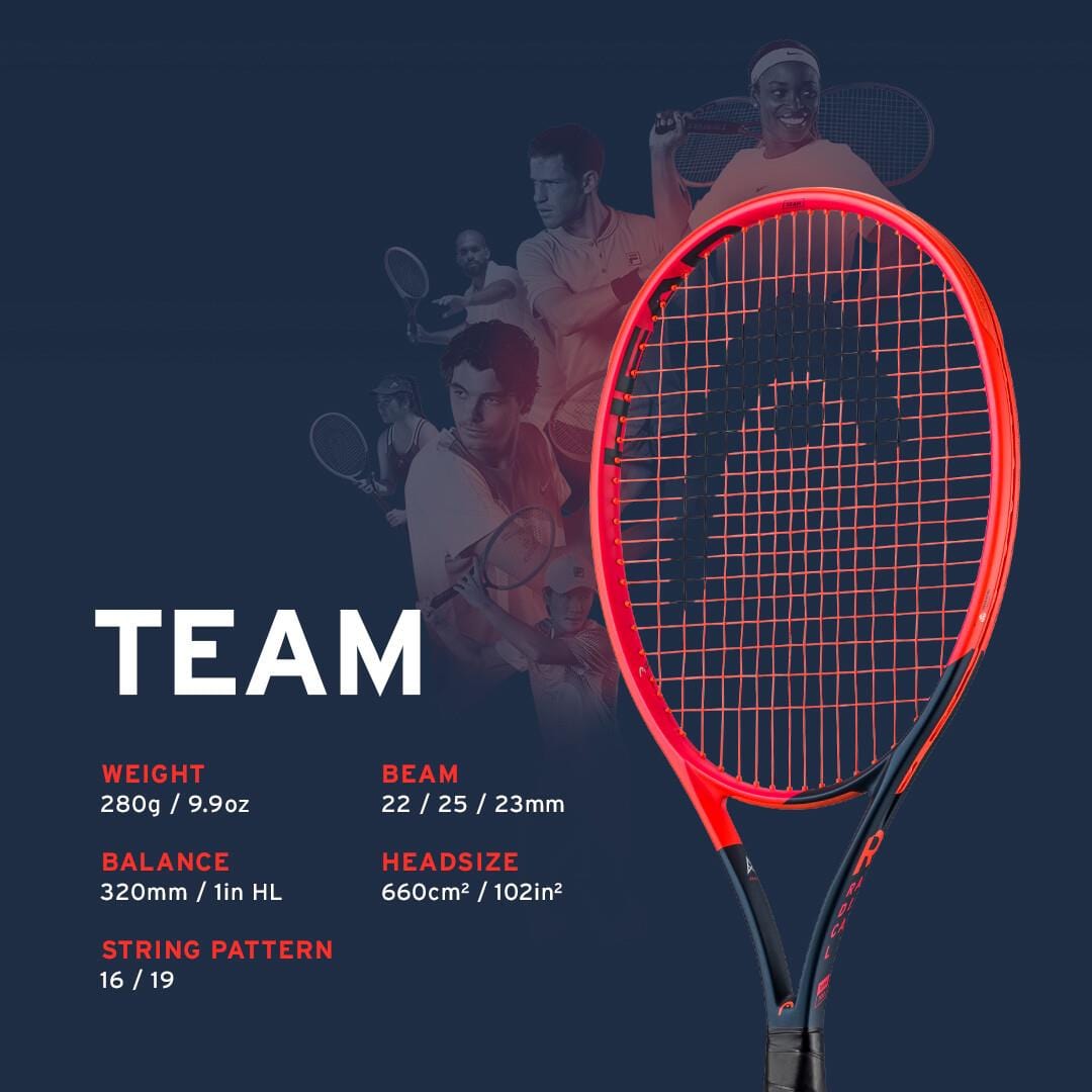 The HEAD Radical Team 2023 Tennis Racket in Orange and Navy Blue, featuring graphene technology, is showcased against a dark background. Its specifications are as follows: weight 280g (9.9oz), balance point at 320mm (1in HL), beam width of 22/25/23mm, head size measuring 660cm² (102in²), and a string pattern of 16/19. Subtle images of tennis players add vitality to the scene.