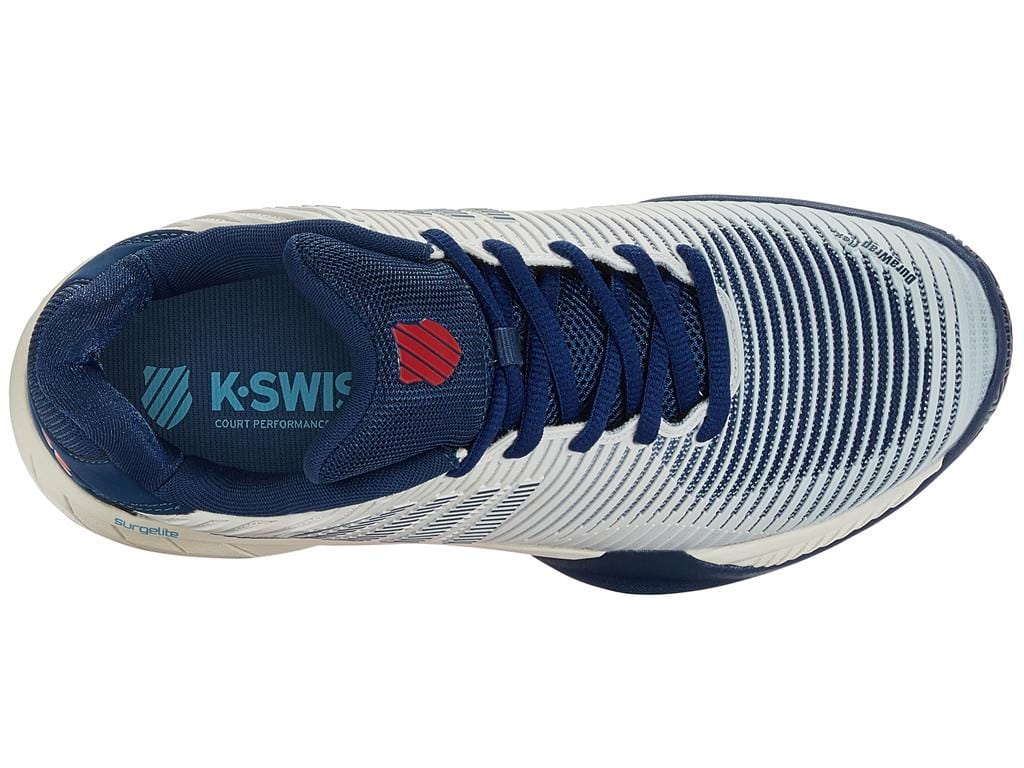 Here's a top view of the K-Swiss Hypercourt Express 2 Men's Tennis Shoes, showcasing its white, Blue Opal, and Lollipop color scheme. This pair features a lace-up design with the brand logo prominently displayed on the tongue and sides. The shoe is equipped with a patterned mesh upper for breathability and incorporates Surgelite midsole technology to enhance comfort.