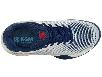 Here's a top view of the K-Swiss Hypercourt Express 2 Men's Tennis Shoes, showcasing its white, Blue Opal, and Lollipop color scheme. This pair features a lace-up design with the brand logo prominently displayed on the tongue and sides. The shoe is equipped with a patterned mesh upper for breathability and incorporates Surgelite midsole technology to enhance comfort.