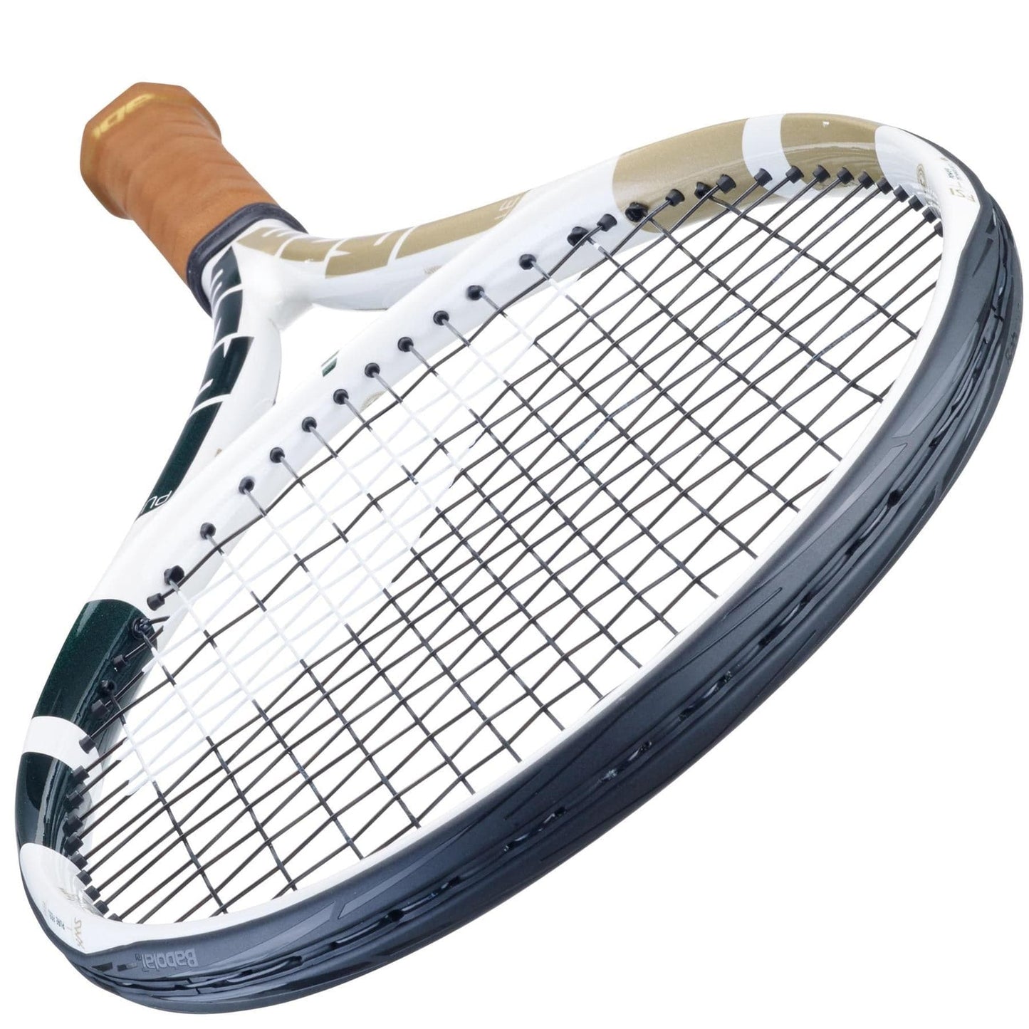Close-up view of the Babolat Pure Drive Team Tennis Racket - Wimbledon, showcasing its white frame, black strings, and brown grip handle equipped with SWX Pure Feel technology, set against a plain white background.