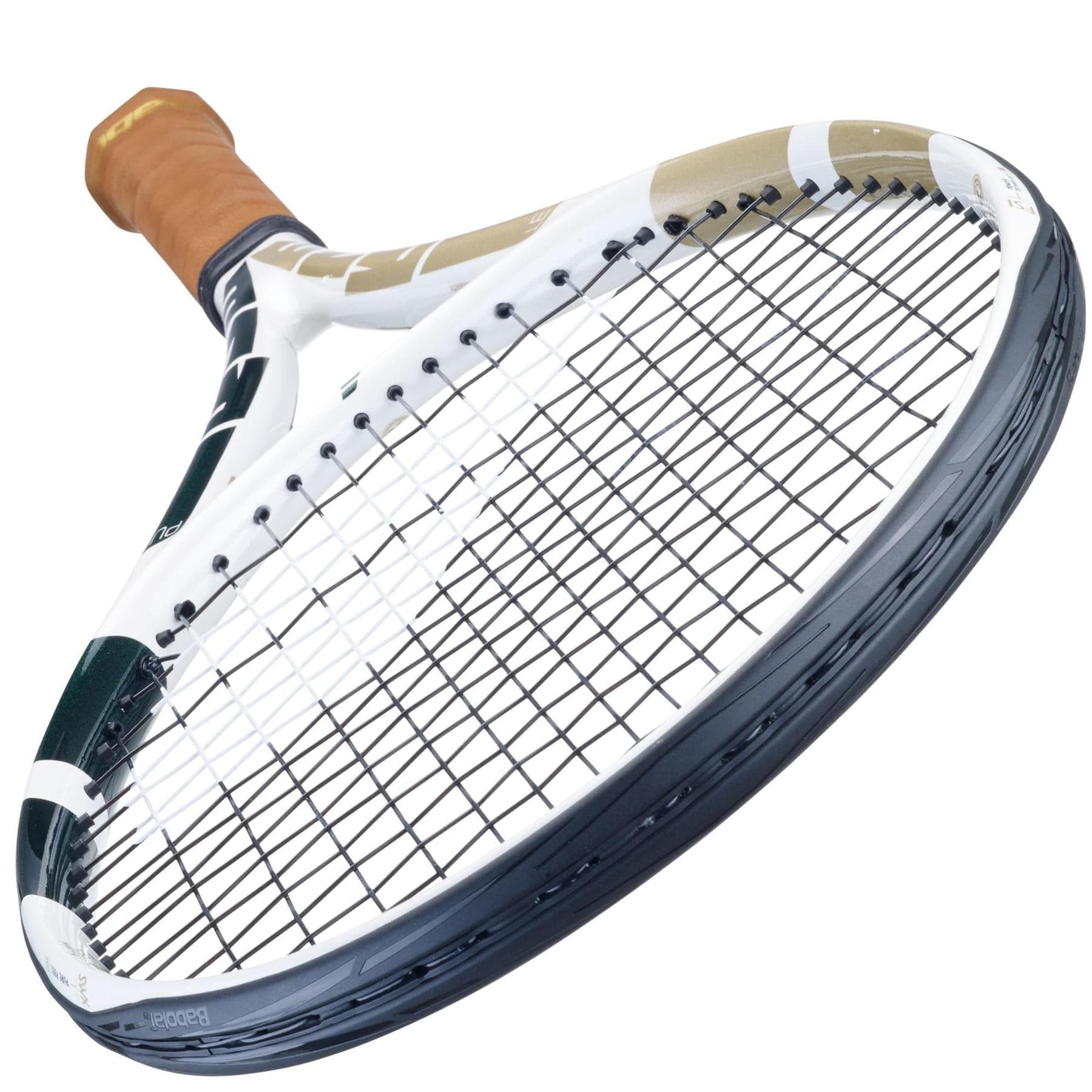 Close-up view of the Babolat Pure Drive Team Tennis Racket - Wimbledon, showcasing its white frame, black strings, and brown grip handle equipped with SWX Pure Feel technology, set against a plain white background.