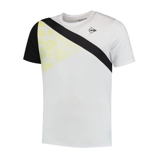 The Dunlop Performance Game 3 Men's Tennis T-Shirt in white showcases a short-sleeve design with a striking black diagonal stripe across the chest. It features a subtle yellow pattern on the left side and incorporates Dunlop Performance technology for moisture-absorbing comfort, along with a small triangular logo near the neckline.
