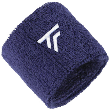 A marine-colored Tecnifibre Tennis Wristband Sweatband from the 2 Pack collection features a textured fabric and a white logo on the front, made up of two angled lines that create a stylized "F" design. This cylindrical design is intended for wear on the wrist.
