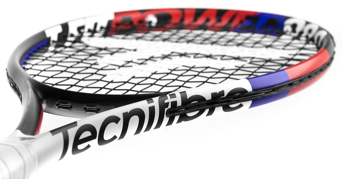 Close-up of the Tecnifibre TFit 280 Power 2021 tennis racket, perfect for intermediate players, featuring a black and white frame with red and blue accents. The visible strings enhance power and control, while the prominent Tecnifibre branding is displayed on the white section of this budget-friendly racket’s frame.