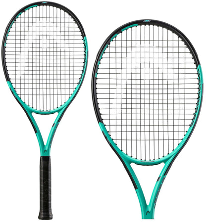 The HEAD IG Challenge MP Tennis Rackets, boasting a sleek modern design, feature graphite construction with black grips and strings. The frames display a vibrant mint hue accented in black, enhanced by Innegra technology for superior performance.