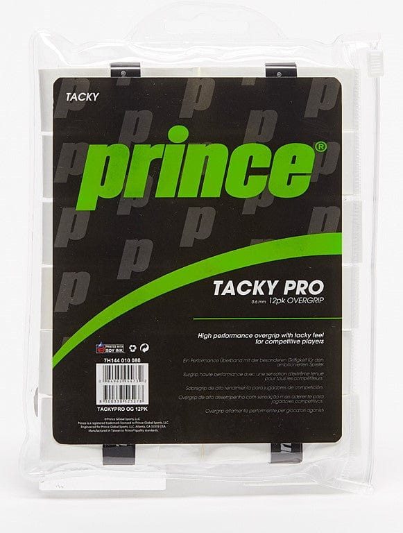The packaging for the Prince Tacky Pro Tennis Overgrip - White (12 Pack) features a sleek design with black, green, and white text. It highlights its specifications "0.6 mm 12 pk" and is marketed as a high-performance tennis overgrip that offers a tacky feel for competitive players.