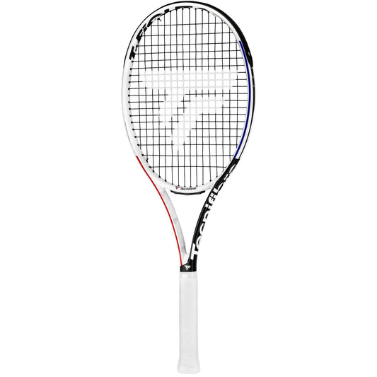 The Tecnifibre T-Fight 270 RSX Tennis Racket - Black / White (Frame Only) incorporates Isoflex technology and showcases a stylish white and black color scheme with striking red and blue accents. The Tecnifibre brand logo is prominently displayed on the strings, while the handle features an elegantly wrapped white grip.