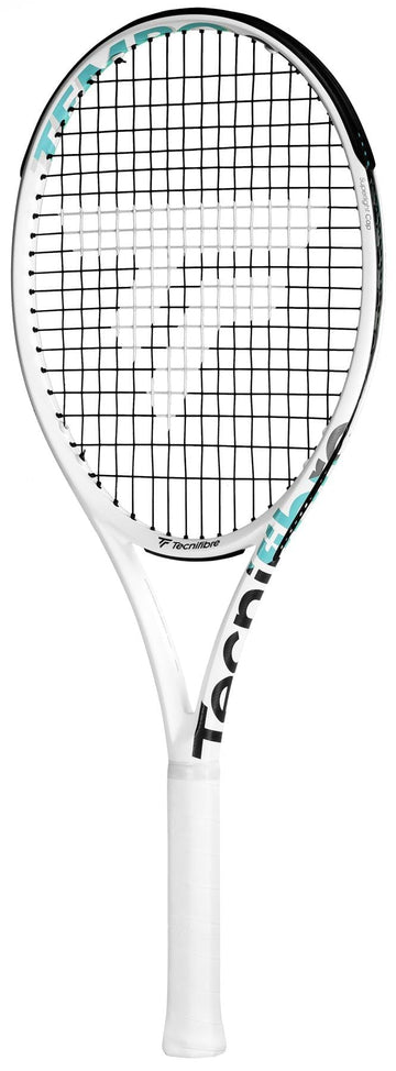The Tecnifibre Tempo 270 Tennis Racket is a lightweight frame in white, showcasing a stylish black and turquoise design with Isoflex technology. Its strings form a detailed pattern on the oval-shaped head, while the handle boasts an elegantly wrapped white grip tape for maximum comfort.