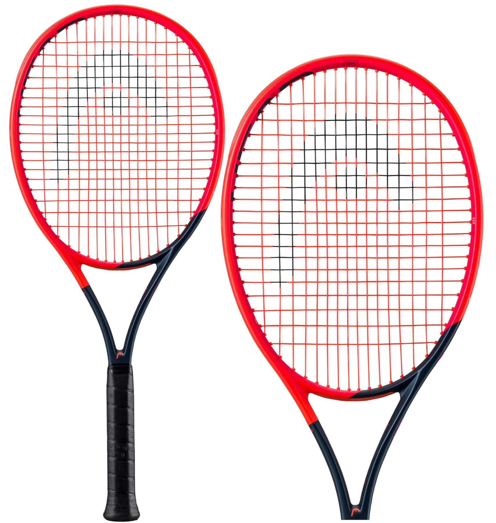 Displayed are two vibrant orange and navy blue HEAD Radical Team 2023 Tennis Rackets with black grips. These rackets feature Auxetic technology and Graphene inside, showcasing a distinct logo on the strings, positioned upright to highlight their advanced design and construction.