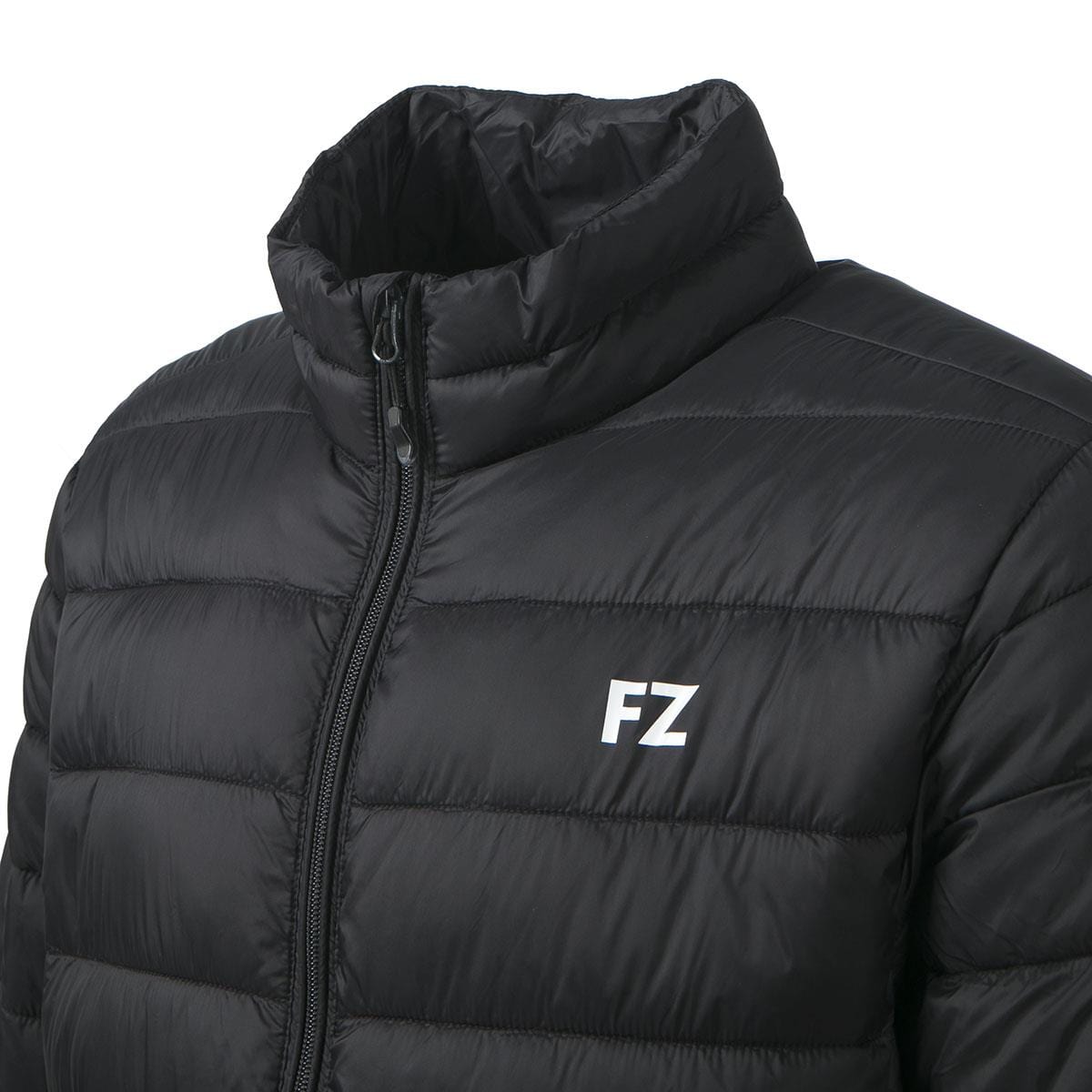 The FZ Forza Sinos Pro-Lite Jacket is a lightweight black puffer with down padding, featuring a high collar and front zipper. "FZ" is prominently printed in white on the left chest, making it stand out against a plain white background.