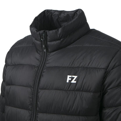 The FZ Forza Sinos Pro-Lite Jacket is a lightweight black puffer with down padding, featuring a high collar and front zipper. "FZ" is prominently printed in white on the left chest, making it stand out against a plain white background.