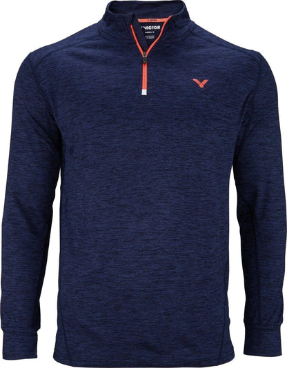 Introducing the Victor Longsleeve Men's Quarter Zip Jacket in navy blue, crafted from lightweight fabric. It features a quarter-zip front with a distinctive orange zipper detail, and a small logo on the left chest for added style.