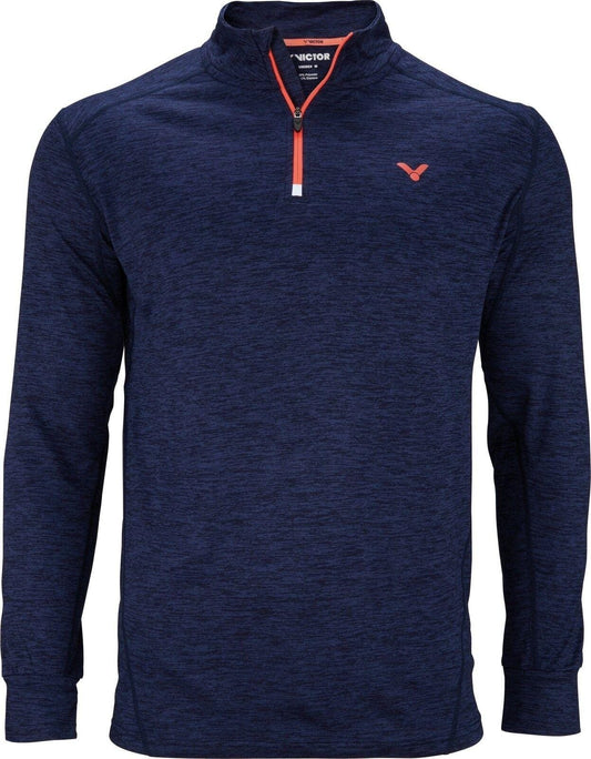 Introducing the Victor Longsleeve Men's Quarter Zip Jacket in navy blue, crafted from lightweight fabric. It features a quarter-zip front with a distinctive orange zipper detail, and a small logo on the left chest for added style.