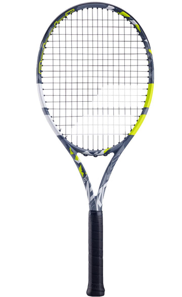 The Babolat EVO Aero Tennis racket by Babolat showcases a sleek design with a white frame accented by gray and neon yellow details, complemented by black grip and strings. Engineered to deliver power and comfort, it elevates your game with its innovative Spin Alpha technology integrated into the dynamic structure.