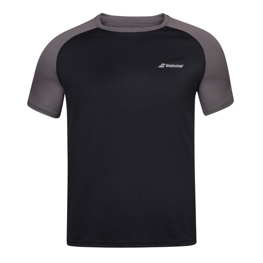 The Babolat Men's Play Crew Neck Tennis T-Shirt in black showcases a sleek design with dark gray raglan sleeves and a subtle "Babolat" logo on the chest. Constructed from Fiber Dry-polyester, this shirt provides comfortable tennis wear with a straightforward, sporty style.