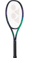 The Yonex VCORE Pro 100 Game Tennis Racket - Green / Purple by Yonex boasts a stylish black frame adorned with a multicolored design featuring shades of purple, blue, and green. Ideal for intermediate players, it includes white strings with a centrally placed red logo pattern and is finished with a handle wrapped in black grip tape.