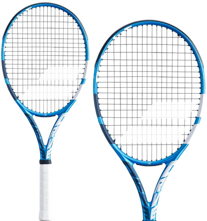 Two Babolat EVO Drive Lite Tennis Rackets - Blue (Strung) by Babolat are positioned against a plain white background. These blue and white rackets, featuring black strings, promise lightweight power and comfort for an enhanced playing experience with their sleek design and patterned frame.