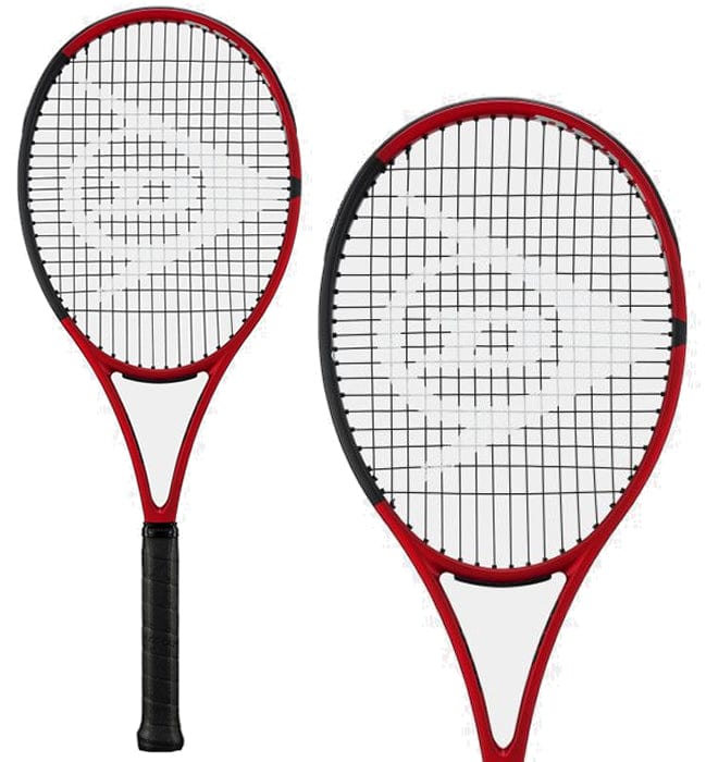 The Dunlop CX200 Tour 16x19 310g Tennis Racket, in a striking red and black design with white string patterns, prominently displays the iconic Dunlop logo. One racket is fully visible, while the other highlights its compact head and open 16x19 stringing pattern.