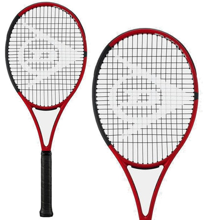 The Dunlop CX200 Tour 16x19 310g Tennis Racket, in a striking red and black design with white string patterns, prominently displays the iconic Dunlop logo. One racket is fully visible, while the other highlights its compact head and open 16x19 stringing pattern.