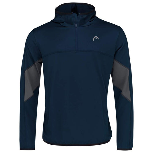 Discover the HEAD Club 22 Men's Tech Tennis Hoodie in Dark Blue, a stylish pullover with a half-zip front, long sleeves, and dark gray accents. This design by HEAD Sportswear incorporates moisture transfer microfibre technology for optimal comfort and fashion, featuring a subtle logo and hood for extra style appeal.
