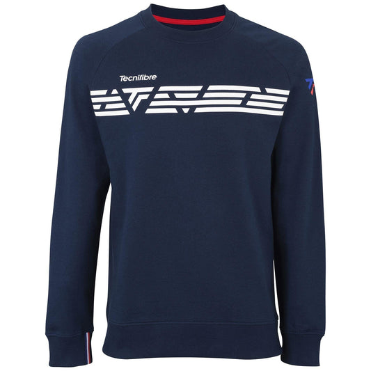 Introducing the Tecnifibre Men's Tennis Sweatshirt in Marine Blue, a top-tier cotton garment adorned with white horizontal stripes and the "Tecnifibre" logo positioned near the upper section. The sleeves are enhanced with stylish red and white accents near the cuffs for an added touch of elegance.