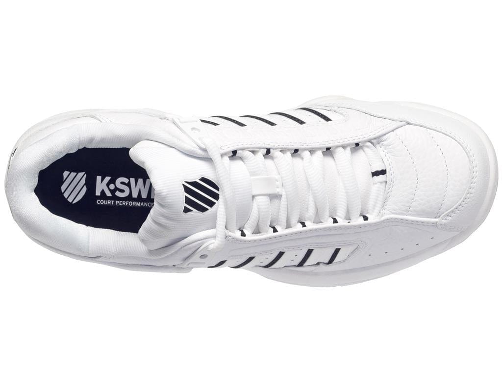 Top view of the K-Swiss Defier RS Mens Tennis Shoe in White/Black, showcasing its durable design with distinctive black stripes and laces. The interior reveals the K-Swiss brand name and logo on a dark insole, providing stability. The shoe features a padded collar and detailed stitching on the upper part.